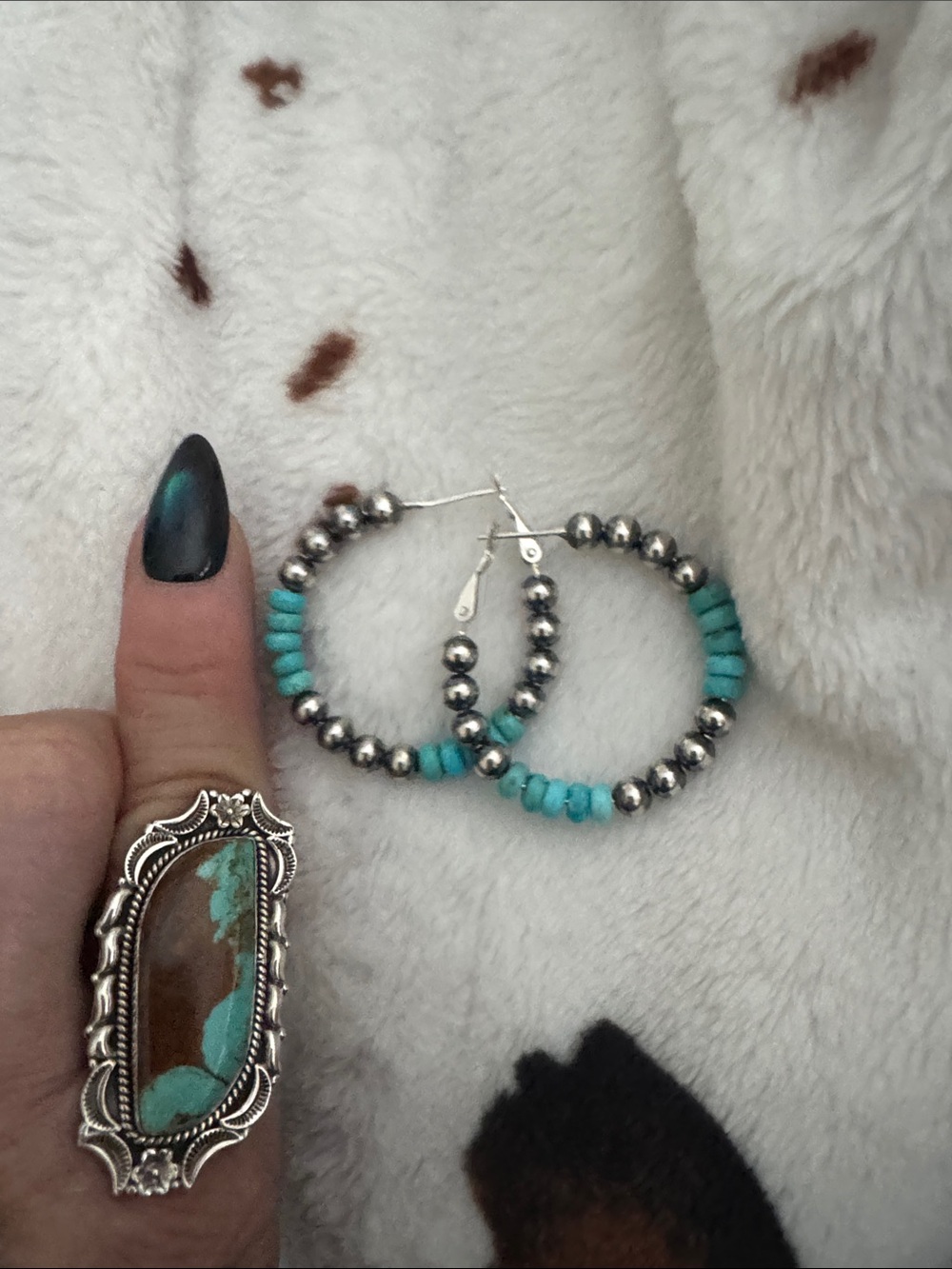 Turquoise Beaded 925 Silver Hoop Earrings - Women Jewelry - Picture 2 of 4